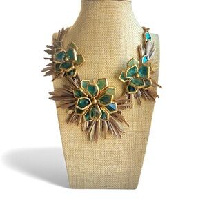 NWT Vintage Oscar de la Renta Green Crystal Flower Statement Necklace